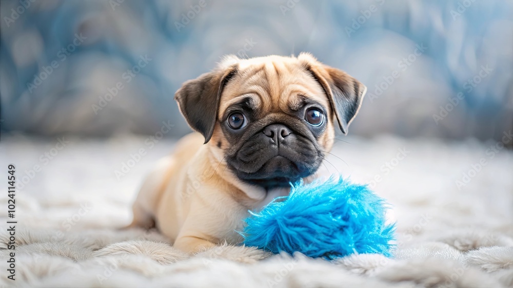 Obraz premium A puppy with big brown eyes and a sweet expression rests on a fluffy white surface, its paws gently cradling a bright blue toy.