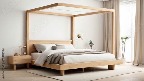 A contemporary canopy bed with a light wooden finish and a simple yet elegant design, isolated on white 