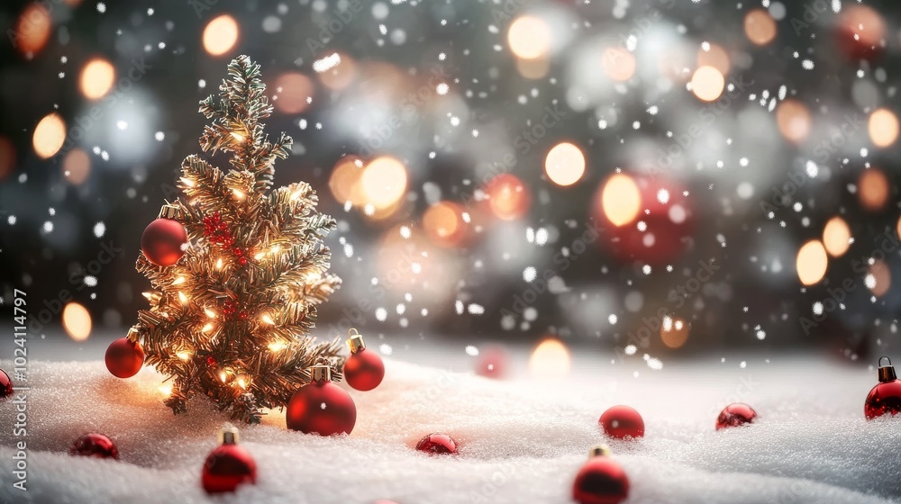 A Festive Miniature Christmas Tree Adorned With Glowing Lights and Vibrant Ornaments Amidst Falling Snowflakes A Festive Miniature Christmas Tree Adorned With Glowing Lights and Vibrant Ornaments Amidst Falling Snowflakes
