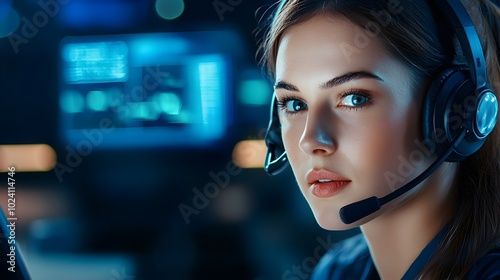 Portrait of a confident and professional female call center agent wearing a headset while providing helpful consultation and customer support to clients and customers