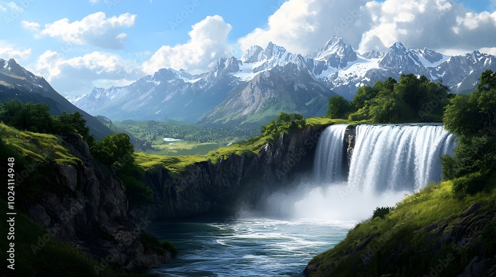 Majestic waterfall thundering down into a wild rushing river surrounded by towering rugged mountain peaks and dramatic natural scenery