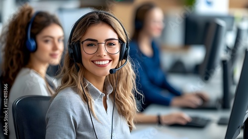 Confident and professional call center agent wearing a headset providing expert customer service and sales consultation to clients with a sci fi inspired tetradic color scheme and close up front view