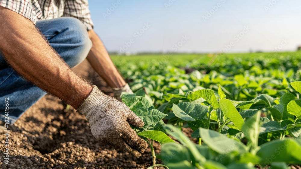 Farmers tending to soybean plants under clear sky, showcasing dedication and hard work involved in agriculture. lush green plants thrive in sunlight Farmers tending to soybean plants under clear sky, showcasing dedication and hard work involved in agriculture. lush green plants thrive in sunlight