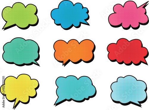 Vector colorful speech bubbles patch set. Blank colorful speech bubbles for apps and websites with artistic icons.