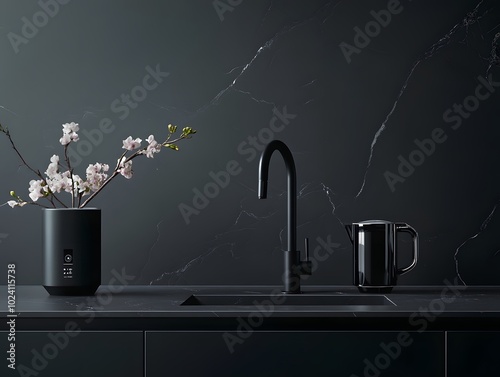 A black kitchen sink with a black faucet and a black kettle on a black countertop. A vase of white flowers sits to the left. The background is a dark gray wall with a white marble pattern.