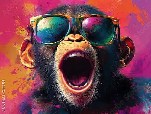 A colorful portrait of a monkey wearing sunglasses and shouting.