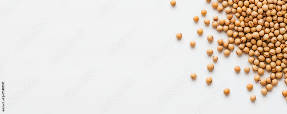 Dried soybean seeds scattered across white background create simple yet striking visual. natural color and texture of seeds evoke sense of organic beauty and agricultural abundance Dried soybean seeds scattered across white background create simple yet striking visual. natural color and texture of seeds evoke sense of organic beauty and agricultural abundance