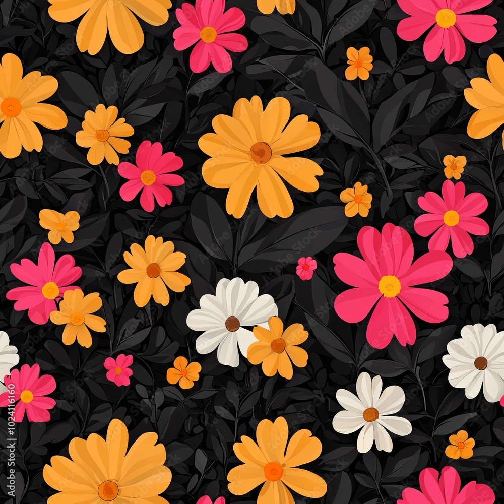 seamless pattern of bright flowers sprouting from dark soil seamless pattern of bright flowers sprouting from dark soil