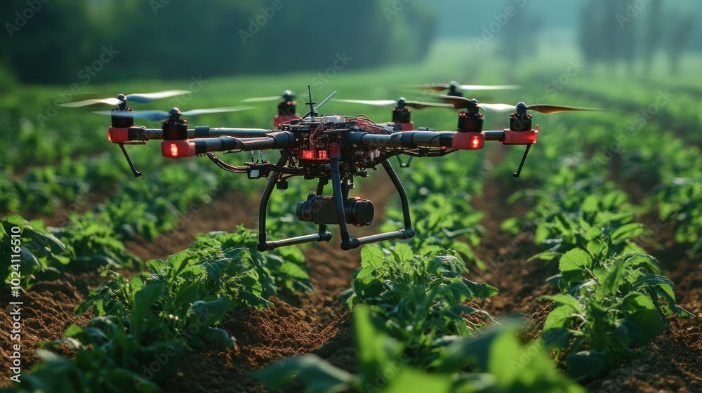 Drone surveying a green agricultural field for monitoring crops. Drone surveying a green agricultural field for monitoring crops.