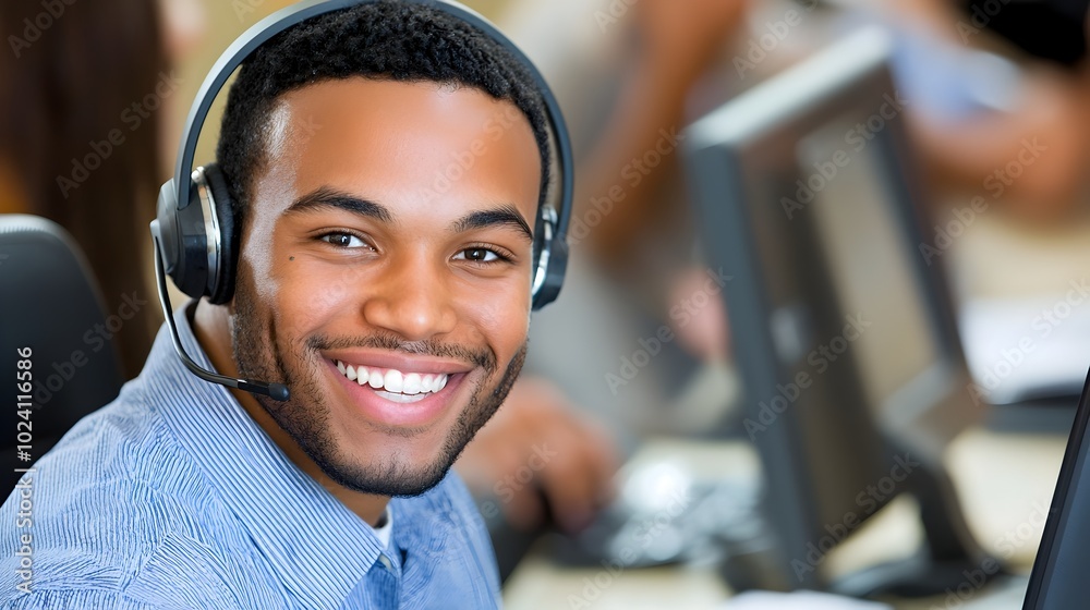 Closeup Portrait of a Friendly and Confident Call Center Agent Wearing a Headset Providing Helpful Customer Service and Technical Support with a Smile Closeup Portrait of a Friendly and Confident Call Center Agent Wearing a Headset Providing Helpful Customer Service and Technical Support with a Smile