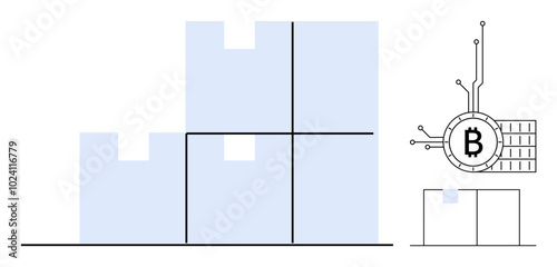 Blue and white blocks arranged in a Tetris-like pattern next to a Bitcoin symbol with circuit elements. Ideal for technology, cryptocurrency, blockchain, data storage, digital currency. Minimalistic