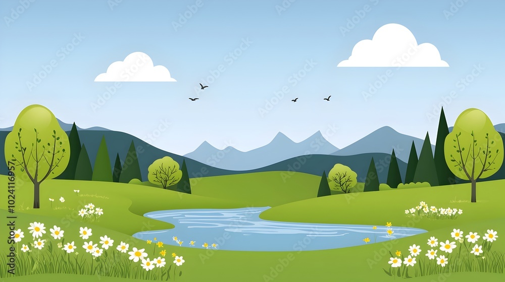 Fototapeta premium Flowing river in a spring season with a vibrant split complementary color palette Flat design showcasing the tranquil movement of water in a minimalist yet captivating style
