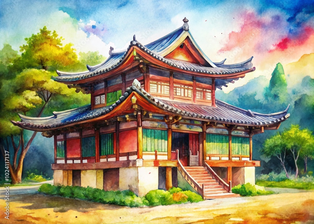 Hand-Drawn Watercolor Illustration of a Long House - Macro Photography Hand-Drawn Watercolor Illustration of a Long House - Macro Photography