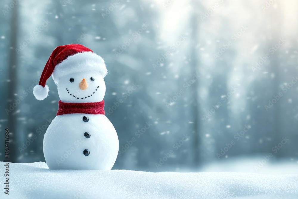A cheerful snowman wearing a red hat and scarf stands in a snowy landscape, surrounded by softly falling snowflakes. A cheerful snowman wearing a red hat and scarf stands in a snowy landscape, surrounded by softly falling snowflakes.