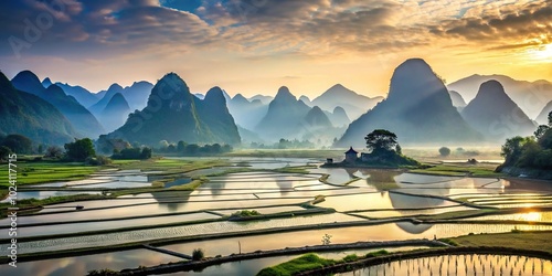 landscape of mountains and rice fields in the morning, Chinese Ink wash painting with leading lines photo