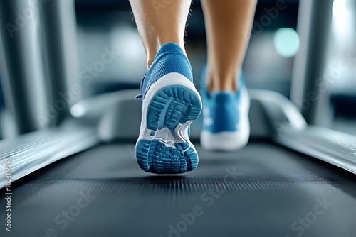 Close-up of a person's feet running on a treadmill.