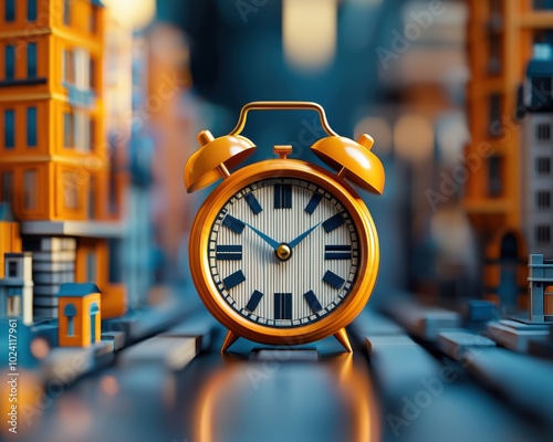 Vintage alarm clock on a city street, colorful buildings in the background. photo