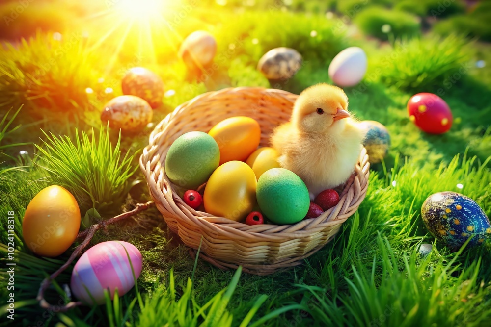 Happy Easter Egg Hunt Greeting Card with Colorful Basket of Eggs and Chicken Tracks in Grass Happy Easter Egg Hunt Greeting Card with Colorful Basket of Eggs and Chicken Tracks in Grass
