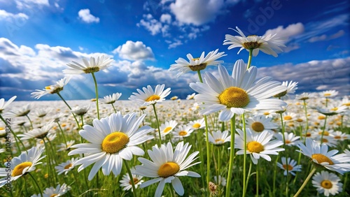 Landscape of white daisies against blue summer sky