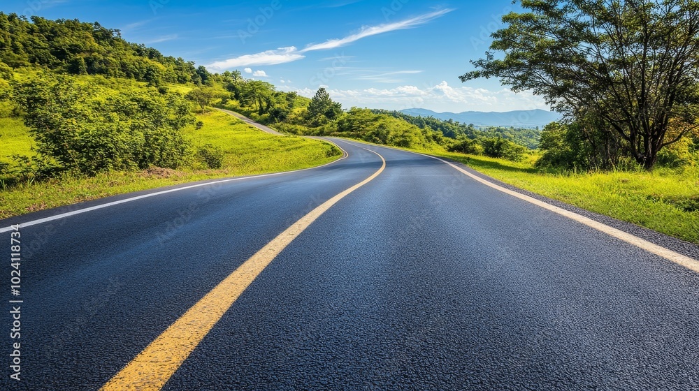 Obraz premium A Winding Road Through Lush Green Hills on a Sunny Day Inviting Travelers to Explore Nature's Beauty