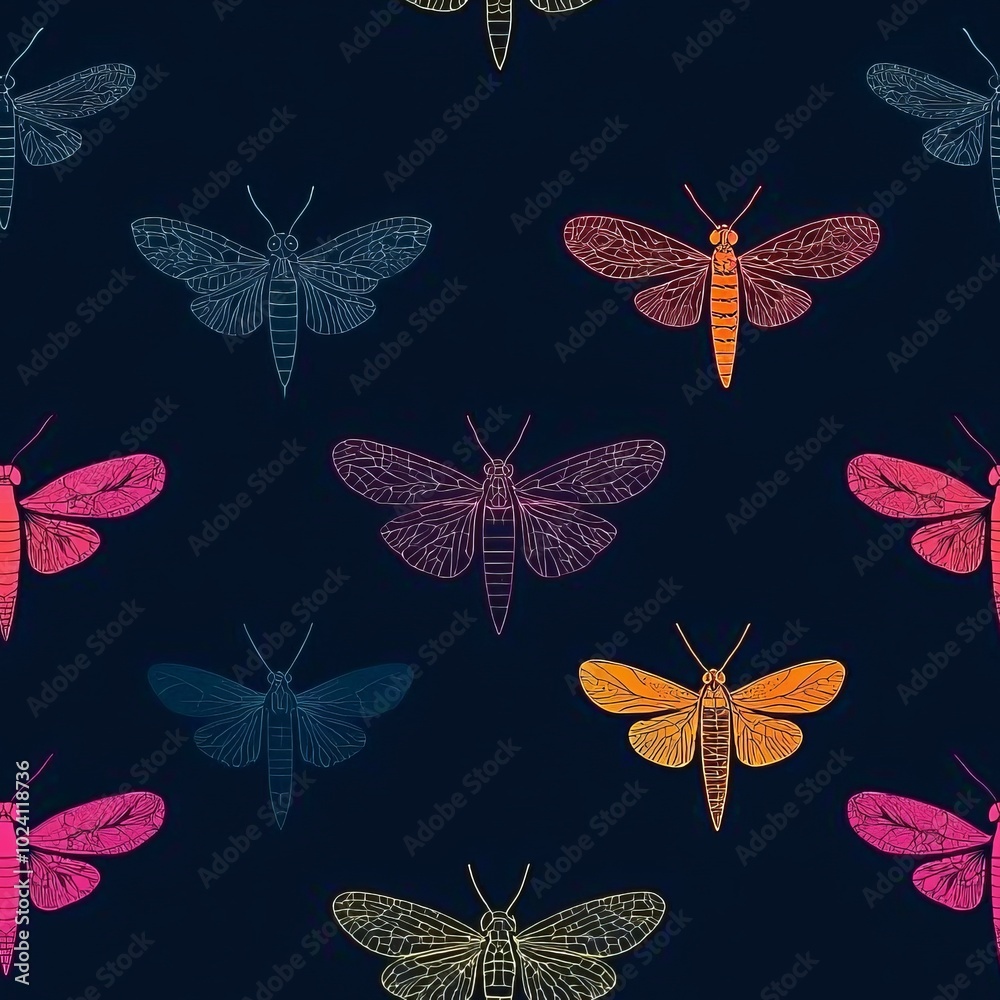 Fototapeta premium seamless pattern of colorful insects silhouetted against a dark background