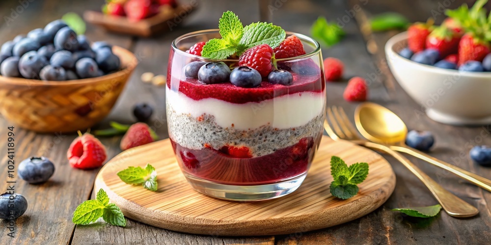 Healthy Dairy Layered Chia Dessert with Blueberries, Raspberry Jam, Yogurt, Almonds & Mint for a Light Morning Healthy Dairy Layered Chia Dessert with Blueberries, Raspberry Jam, Yogurt, Almonds & Mint for a Light Morning