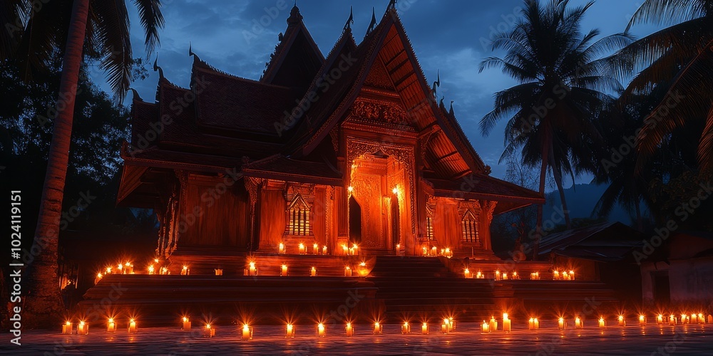 Minimalist background of Lao Buddha: A serene blend of ancient Buddhist architecture and spiritual heritage in Southeast Asia's temples.

