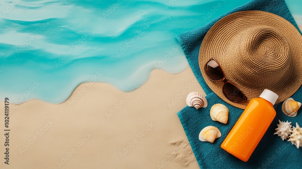 A vibrant beach scene featuring a straw hat, sunscreen bottle, seashells, and a cozy towel, capturing the essence of summer relaxation by the ocean. A vibrant beach scene featuring a straw hat, sunscreen bottle, seashells, and a cozy towel, capturing the essence of summer relaxation by the ocean.