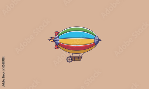 Colorful airship flying with flames from its engine