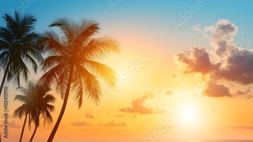 Breathtaking tropical sunset scene with silhouetted palm trees against a vibrant colorful sky in a serene watercolor inspired style  Peaceful idyllic and perfect for vacation travel