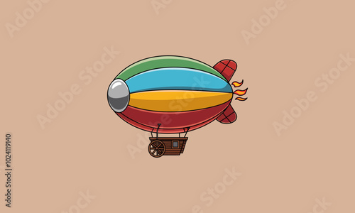 Colorful airship flying with flames from its engine