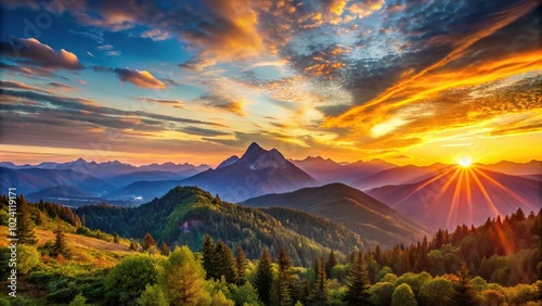 Landscape sunset over mountains with clouds forced perspective