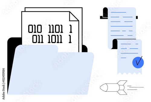 Folder with binary code papers a receipt with a blue checkmark and a rocket icon. Ideal for digital data management document organization coding programming and tech advancements. Simple modern style