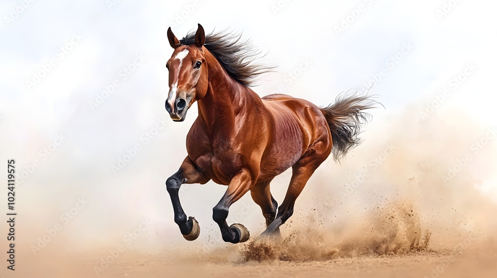 Obraz premium Majestic horse galloping free and unrestrained across a serene open plain kicking up dust in its wake rendered in a beautiful watercolor painting style