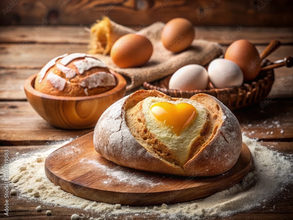 Fototapeta premium Heart-Shaped Dough and Bread with Eggs and Flour for Baking Enthusiasts