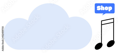 Soft blue cloud with Shop icon and musical note represents digital music storage and online shopping. Ideal for online music stores, downloads, cloud storage, digital content, web services. Simple