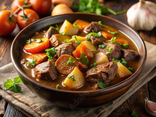 Hearty Beef Stew in a Bowl Garnished with Fresh Parsley and Onions, Perfect for Comfort Food Lovers and