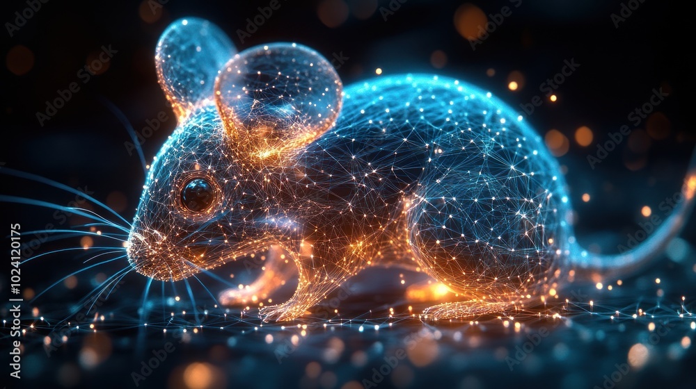 A digital rendering of a mouse made of glowing blue and orange lines against a dark background. A digital rendering of a mouse made of glowing blue and orange lines against a dark background.