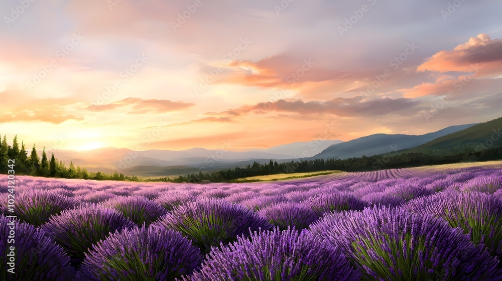 Ethereal lavender fields bathed in the warm glow of a setting sun with a gentle breeze softly moving the purple blooms in a dreamy watercolor like scene Ethereal lavender fields bathed in the warm glow of a setting sun with a gentle breeze softly moving the purple blooms in a dreamy watercolor like scene