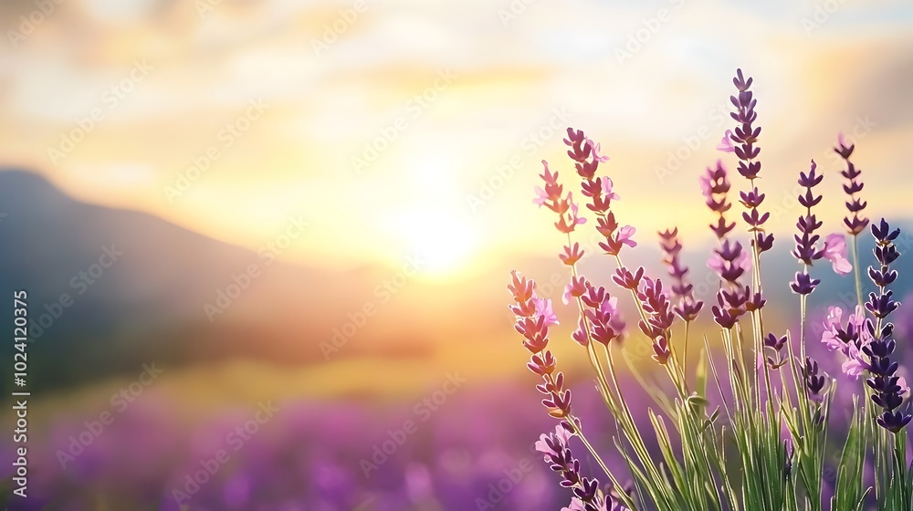 Fototapeta premium Ethereal sunset over a lavender field with a gentle breeze moving the delicate purple blooms in a soft watercolor like style The serene