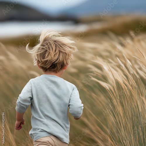 young boy running field tall grass windy beach cute inspiring cautious long luxurious blond hair losing feathers