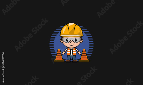 Cartoon construction worker with safety helmet and cones