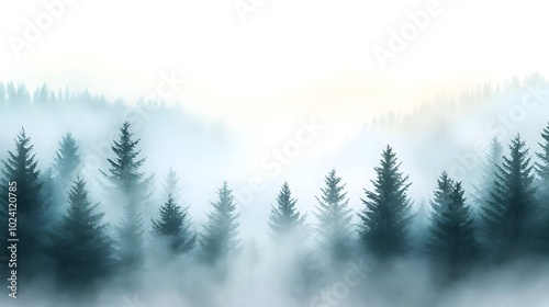 Breathtaking misty pine forest landscape at early morning sunrise with soft sunlight filtering through the trees creating a dreamy ethereal atmosphere in a watercolor painting style