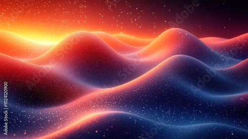 Abstract wavy background with glowing particles in red, orange, and blue.