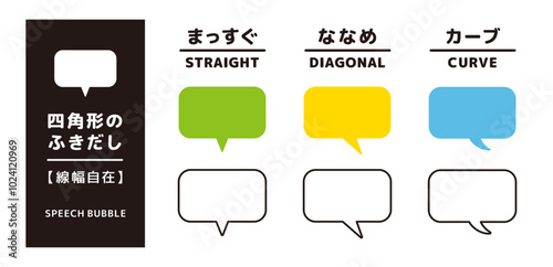 シンプルな四角形のふきだしセット＿しっぽの形状違い＿線幅自在