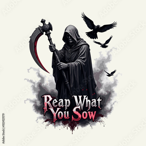 Reap what you sow quote with Grim Reaper’s Scythe vector illustration fort shirt design, banner design, greetings card design. Death grim reaper