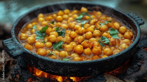 a traditional chickpeas dish served in a rustic casserole set near a serene water body the warm colors and inviting presentation evoke a sense of comfort and homeliness