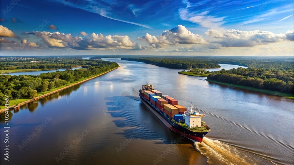 Naklejka premium Large Cargo Ship Journeying Through Savannah River Panoramic