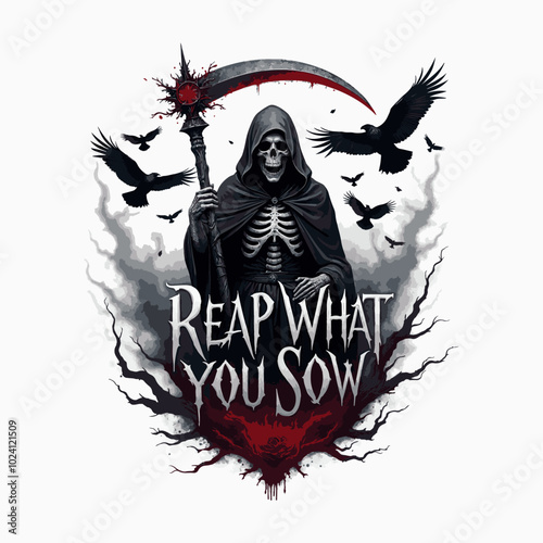 Reap what you sow quote with Grim Reaper’s Scythe vector illustration fort shirt design, banner design, greetings card design. Death grim reaper
