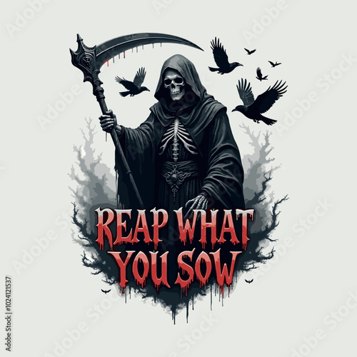 Reap what you sow quote with Grim Reaper’s Scythe vector illustration fort shirt design, banner design, greetings card design. Death grim reaper